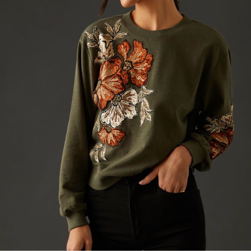 Anthropologie Floral Appliqué Sweatshirt Moss Green Size L